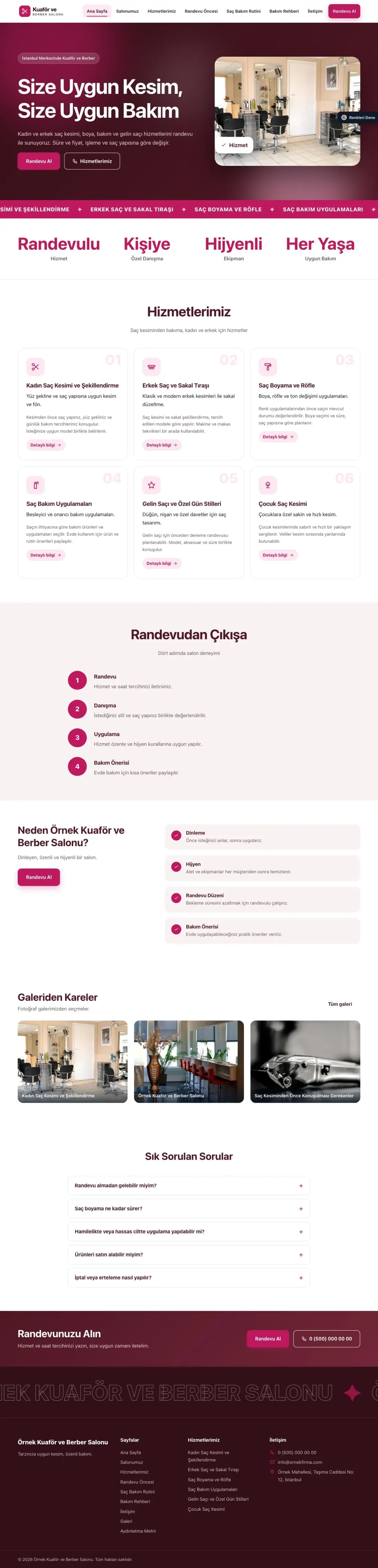 Kuaför ve Berber için Hareketli Bordo Pembe – Kuaför ve Berber Web Sitesi ana sayfa görünümü
