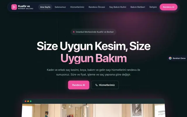 Kuaför ve Berber için Koyu Modern Petrol Pembe – Kuaför ve Berber Web Sitesi ana sayfa görünümü