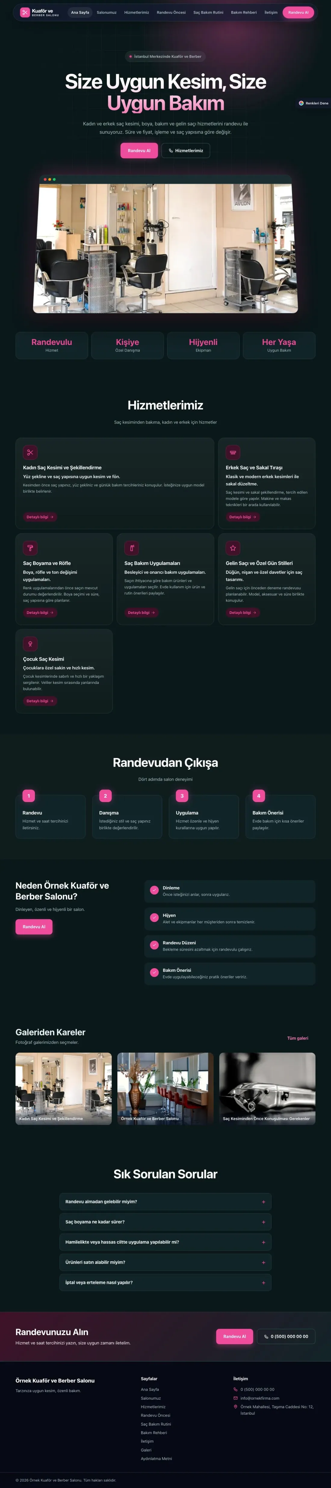 Kuaför ve Berber için Koyu Modern Petrol Pembe – Kuaför ve Berber Web Sitesi ana sayfa görünümü