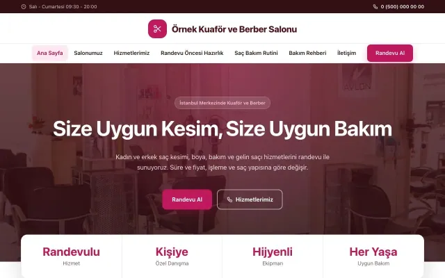 Kuaför ve Berber için Merkez Bordo Pembe – Kuaför ve Berber Web Sitesi ana sayfa görünümü