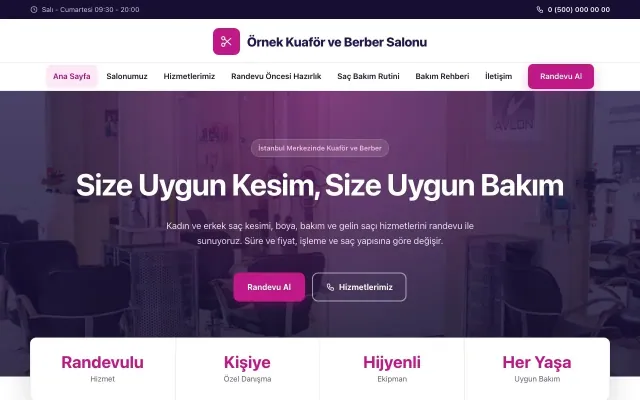 Kuaför ve Berber için Merkez Lacivert Pembe – Kuaför ve Berber Web Sitesi ana sayfa görünümü