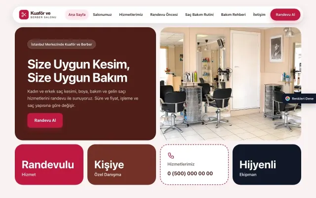 Kuaför ve Berber için Mozaik Bordo Kırmızı – Kuaför ve Berber Web Sitesi ana sayfa görünümü
