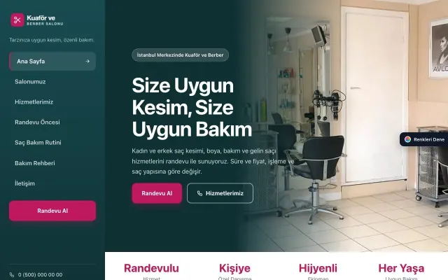 Kuaför ve Berber için Sol Menü Petrol Pembe – Kuaför ve Berber Web Sitesi ana sayfa görünümü