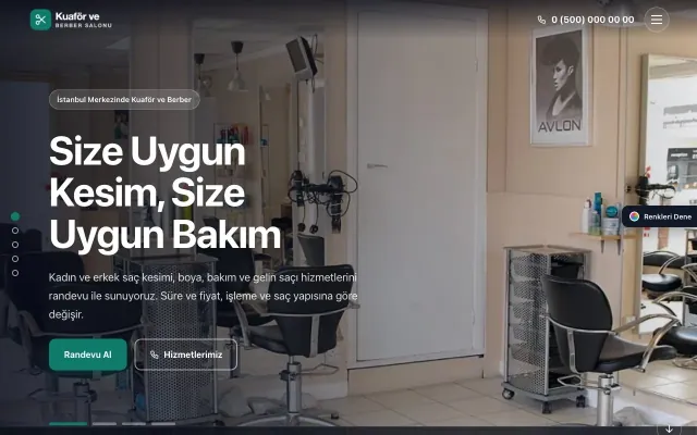 Kuaför ve Berber için Tam Ekran Bordo Turkuaz – Kuaför ve Berber Web Sitesi ana sayfa görünümü