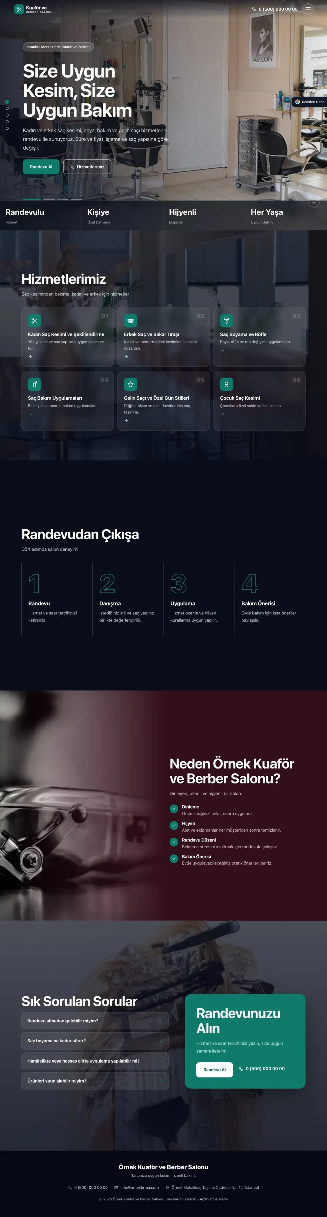 Kuaför ve Berber için Tam Ekran Bordo Turkuaz – Kuaför ve Berber Web Sitesi ana sayfa görünümü