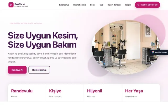 Kuaför ve Berber için Tek Sayfa Mor Pembe – Kuaför ve Berber Web Sitesi ana sayfa görünümü