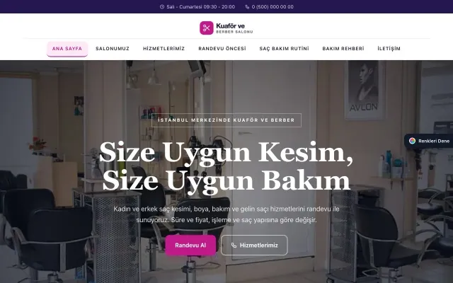 Kuaför ve Berber için Zigzag Lacivert Pembe – Kuaför ve Berber Web Sitesi ana sayfa görünümü