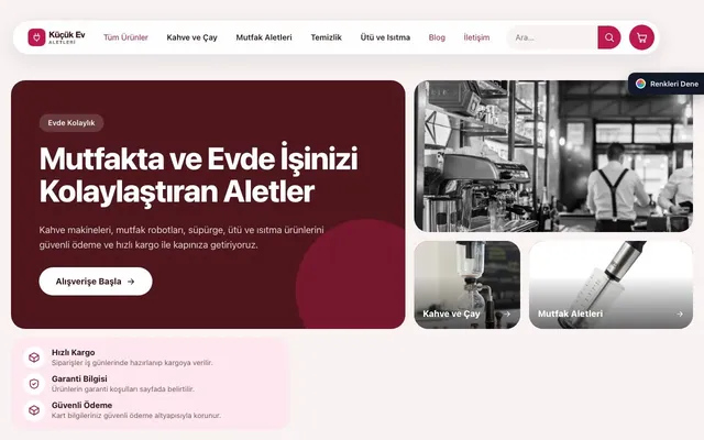 Küçük Ev Aletleri Mağazası için Bento Bordo Pembe – Küçük Ev Aletleri Mağazası E-ticaret Sitesi ana sayfa görünümü