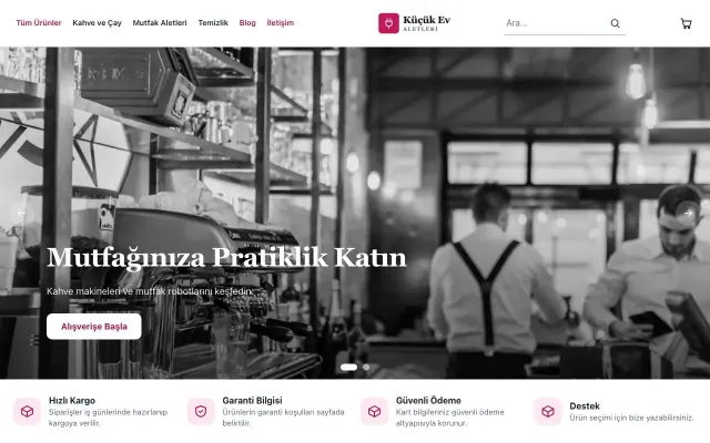 Küçük Ev Aletleri Mağazası için Butik Mavi Pembe – Küçük Ev Aletleri Mağazası E-ticaret Sitesi ana sayfa görünümü
