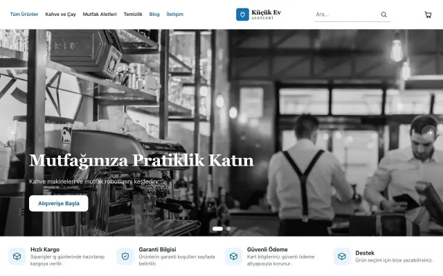 Küçük Ev Aletleri Mağazası için Butik Petrol Mavi – Küçük Ev Aletleri Mağazası E-ticaret Sitesi ana sayfa görünümü