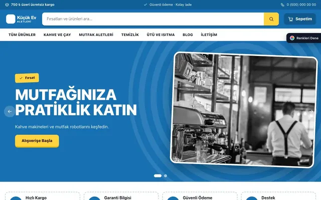 Küçük Ev Aletleri Mağazası için Kampanya Lacivert Mavi – Küçük Ev Aletleri Mağazası E-ticaret Sitesi ana sayfa görünümü