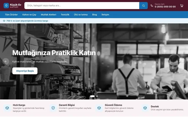 Küçük Ev Aletleri Mağazası için Market Bordo Mavi – Küçük Ev Aletleri Mağazası E-ticaret Sitesi ana sayfa görünümü