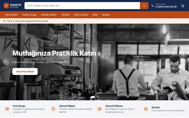 Küçük Ev Aletleri Mağazası için Market Mavi Turuncu – Küçük Ev Aletleri Mağazası E-ticaret Sitesi ana sayfa görünümü
