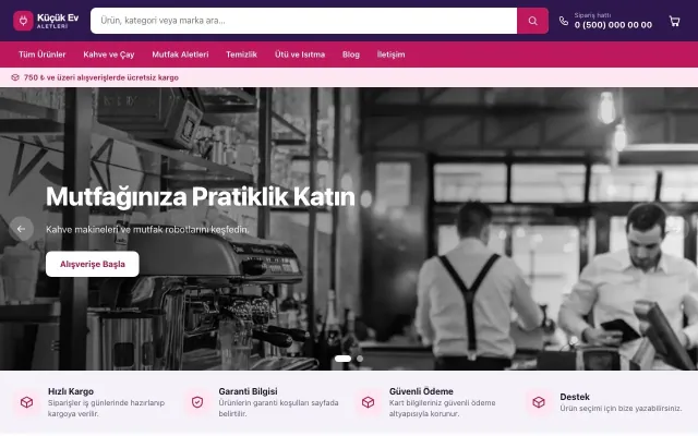 Küçük Ev Aletleri Mağazası için Market Mor Pembe – Küçük Ev Aletleri Mağazası E-ticaret Sitesi ana sayfa görünümü
