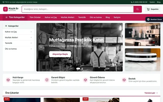 Küçük Ev Aletleri Mağazası için Pazar Yeri Yeşil Pembe – Küçük Ev Aletleri Mağazası E-ticaret Sitesi ana sayfa görünümü