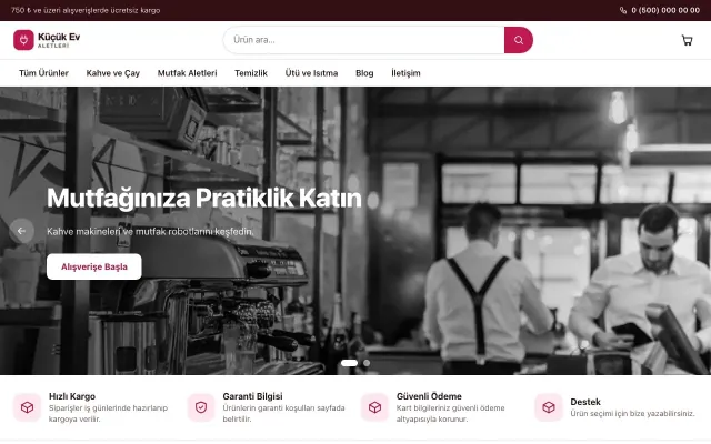 Küçük Ev Aletleri Mağazası için Vitrin Bordo Pembe – Küçük Ev Aletleri Mağazası E-ticaret Sitesi ana sayfa görünümü