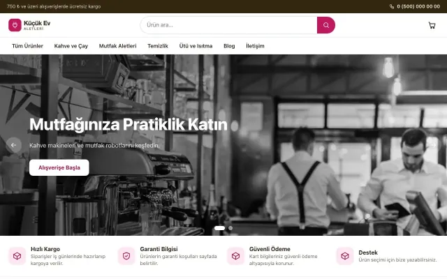 Küçük Ev Aletleri Mağazası için Vitrin Kahve Pembe – Küçük Ev Aletleri Mağazası E-ticaret Sitesi ana sayfa görünümü