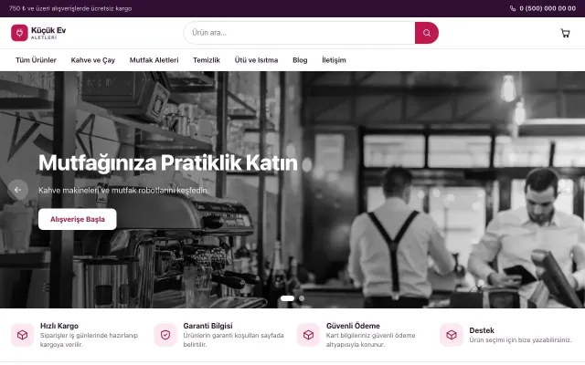 Küçük Ev Aletleri Mağazası için Vitrin Mor Pembe – Küçük Ev Aletleri Mağazası E-ticaret Sitesi ana sayfa görünümü