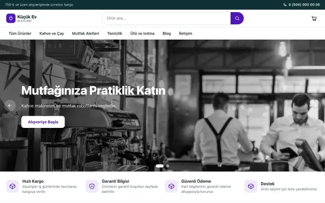 Küçük Ev Aletleri Mağazası için Vitrin Petrol Mor – Küçük Ev Aletleri Mağazası E-ticaret Sitesi ana sayfa görünümü