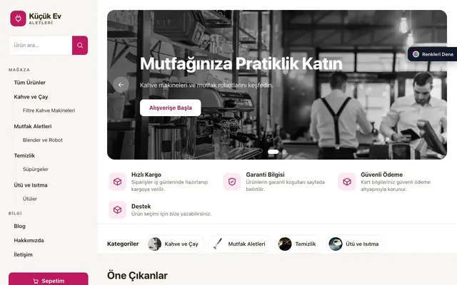 Küçük Ev Aletleri Mağazası için Yan Menü Kahve Pembe – Küçük Ev Aletleri Mağazası E-ticaret Sitesi ana sayfa görünümü