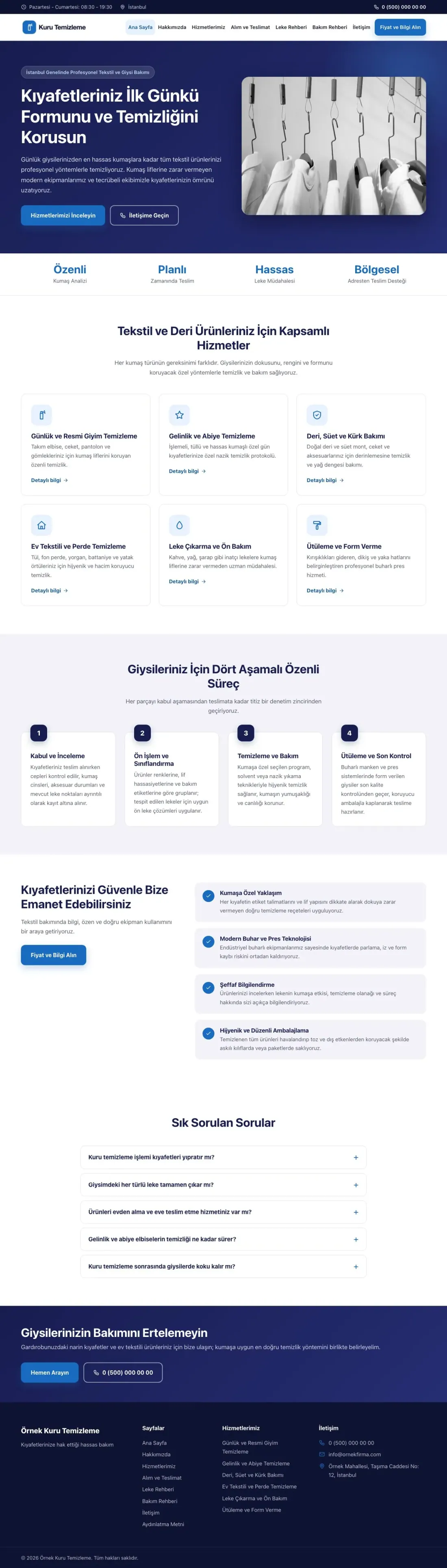 Klasik Lacivert Mavi – Kuru Temizleme Web Sitesi ana sayfa görünümü