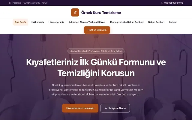 Kuru Temizleme için Merkez Mor Turuncu – Kuru Temizleme Web Sitesi ana sayfa görünümü
