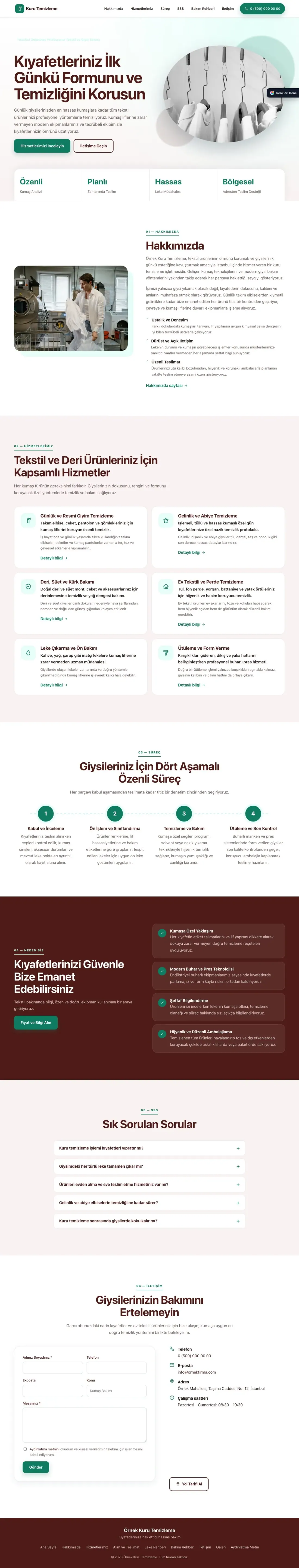Kuru Temizleme için Tek Sayfa Bordo Turkuaz – Kuru Temizleme Web Sitesi ana sayfa görünümü