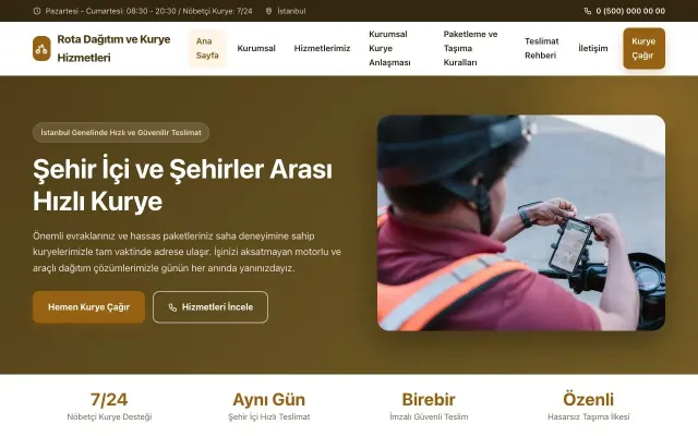 Kurye için Klasik Kahve Turuncu – Kurye Web Sitesi ana sayfa görünümü