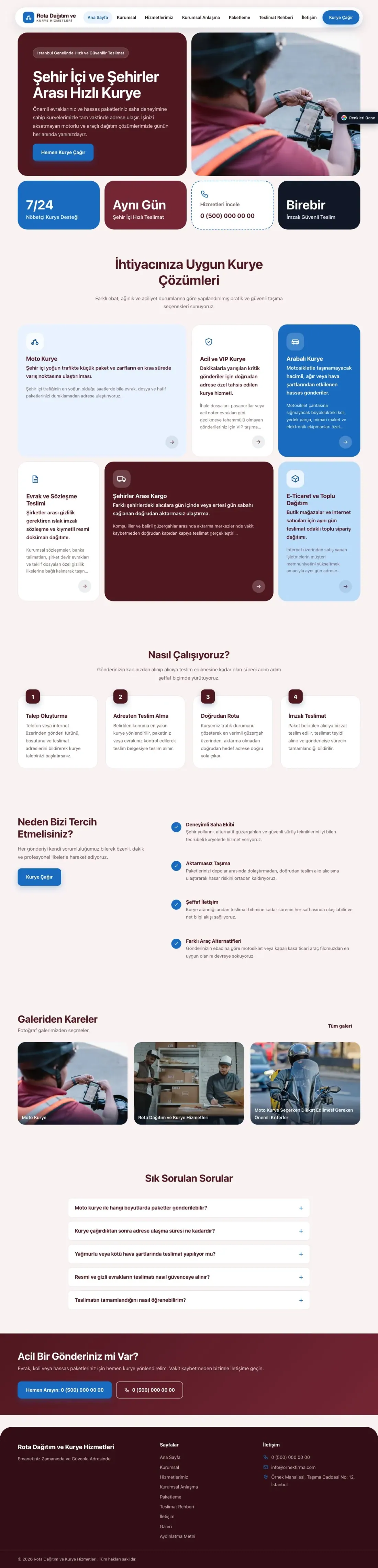 Kurye için Mozaik Bordo Mavi – Kurye Web Sitesi ana sayfa görünümü