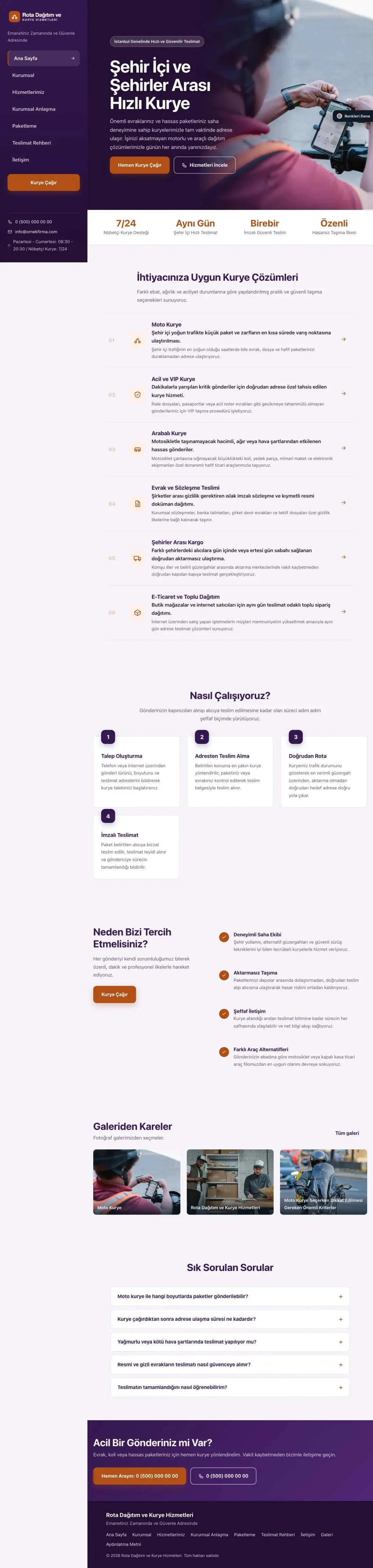 Kurye için Sol Menü Mor Turuncu – Kurye Web Sitesi ana sayfa görünümü