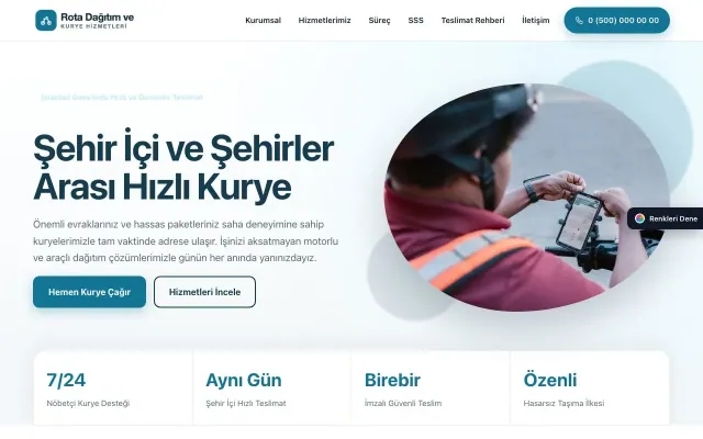 Kurye için Tek Sayfa Mavi Turkuaz – Kurye Web Sitesi ana sayfa görünümü