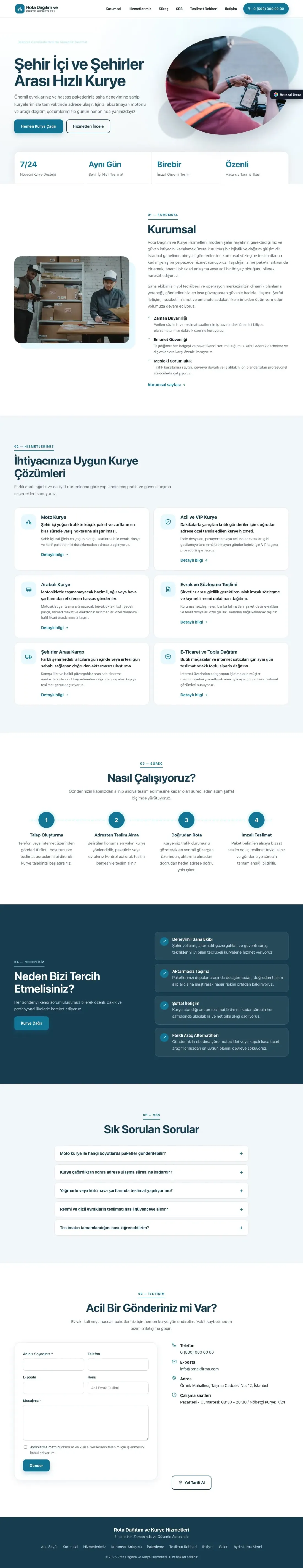 Kurye için Tek Sayfa Mavi Turkuaz – Kurye Web Sitesi ana sayfa görünümü