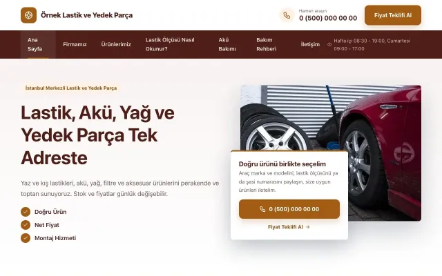 Lastik ve Yedek Parça için Bölünmüş Bordo Turuncu – Lastik ve Yedek Parça Web Sitesi ana sayfa görünümü