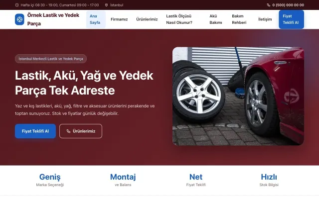 Lastik ve Yedek Parça için Klasik Bordo Mavi – Lastik ve Yedek Parça Web Sitesi ana sayfa görünümü