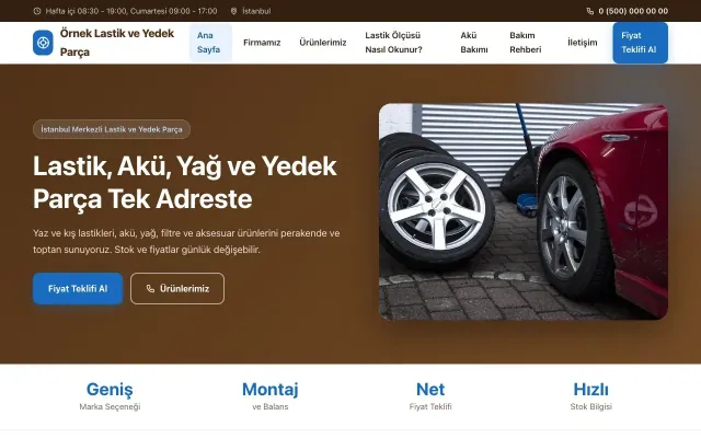 Lastik ve Yedek Parça için Klasik Kahve Mavi – Lastik ve Yedek Parça Web Sitesi ana sayfa görünümü