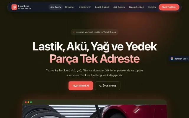 Lastik ve Yedek Parça için Koyu Modern Zeytin Kırmızı – Lastik ve Yedek Parça Web Sitesi ana sayfa görünümü