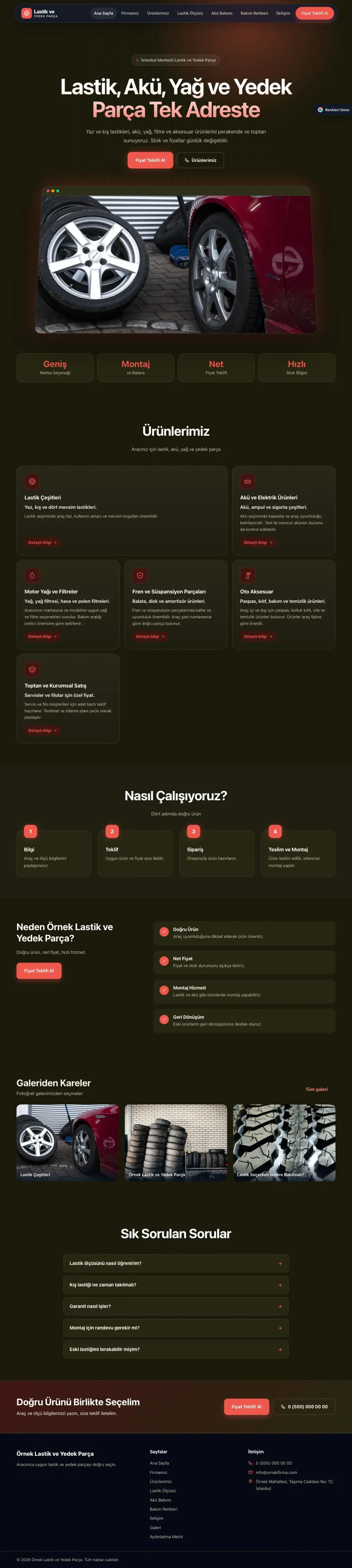 Lastik ve Yedek Parça için Koyu Modern Zeytin Kırmızı – Lastik ve Yedek Parça Web Sitesi ana sayfa görünümü