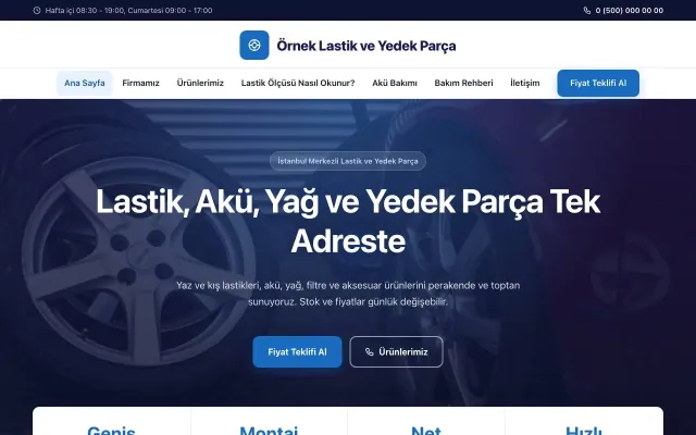 Lastik ve Yedek Parça için Merkez Lacivert Mavi – Lastik ve Yedek Parça Web Sitesi ana sayfa görünümü