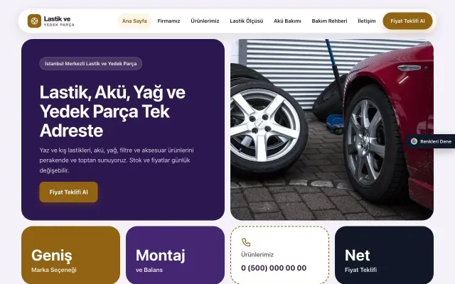 Lastik ve Yedek Parça için Mozaik Mor Turuncu – Lastik ve Yedek Parça Web Sitesi ana sayfa görünümü