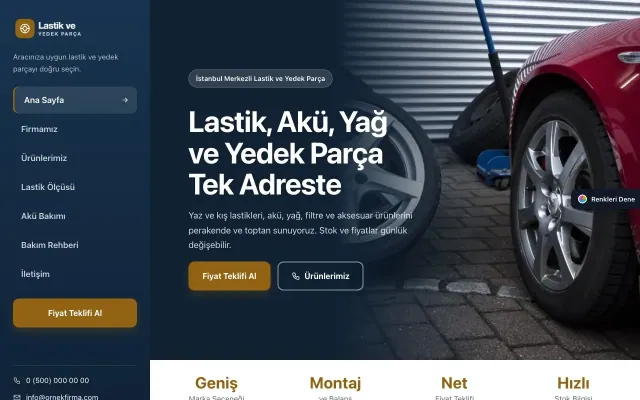 Lastik ve Yedek Parça için Sol Menü Mavi Turuncu – Lastik ve Yedek Parça Web Sitesi ana sayfa görünümü