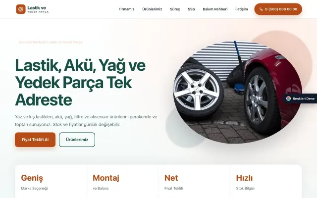 Lastik ve Yedek Parça için Tek Sayfa Petrol Turuncu – Lastik ve Yedek Parça Web Sitesi ana sayfa görünümü