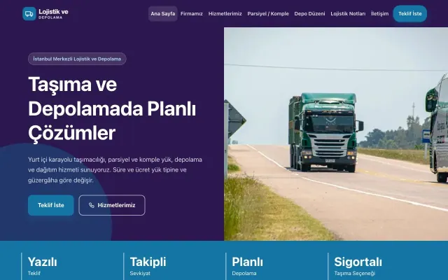 Blok Mor Mavi – Lojistik ve Depo Web Sitesi ana sayfa görünümü