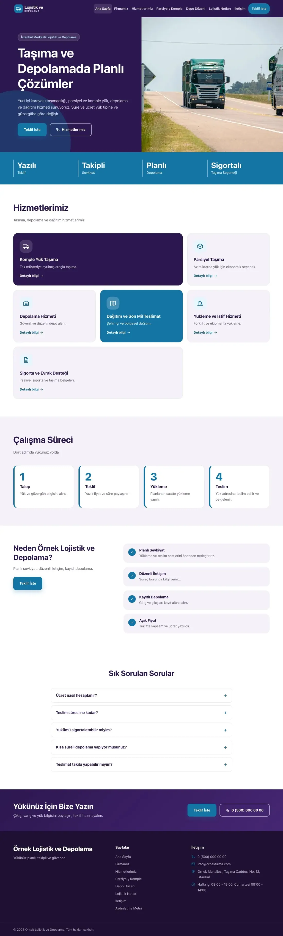 Blok Mor Mavi – Lojistik ve Depo Web Sitesi ana sayfa görünümü