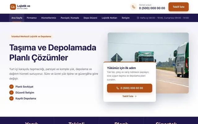 Bölünmüş Lacivert Turuncu – Lojistik ve Depo Web Sitesi ana sayfa görünümü