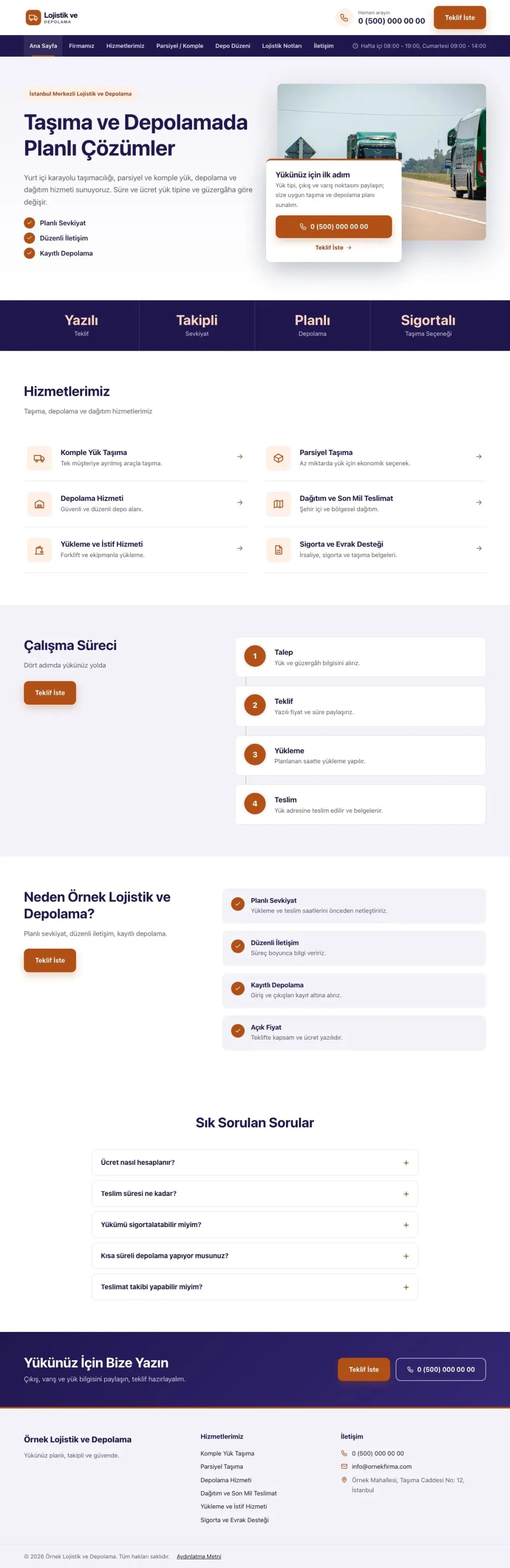 Bölünmüş Lacivert Turuncu – Lojistik ve Depo Web Sitesi ana sayfa görünümü