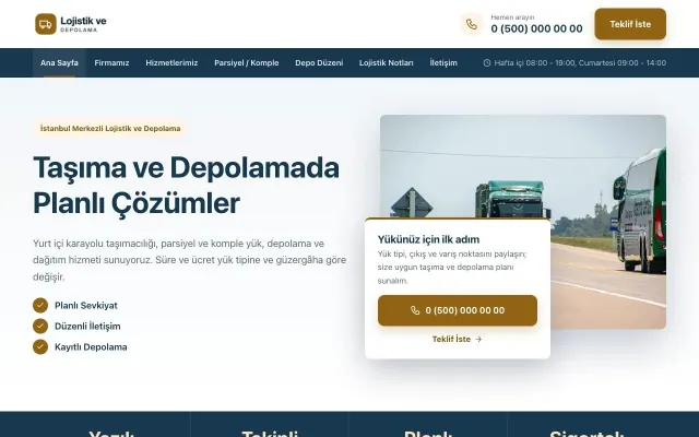 Bölünmüş Mavi Turuncu – Lojistik ve Depo Web Sitesi ana sayfa görünümü