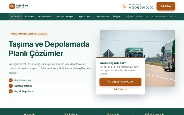 Bölünmüş Petrol Turuncu – Lojistik ve Depo Web Sitesi ana sayfa görünümü