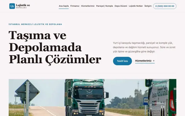 Editoryal Bordo Mavi – Lojistik ve Depo Web Sitesi ana sayfa görünümü