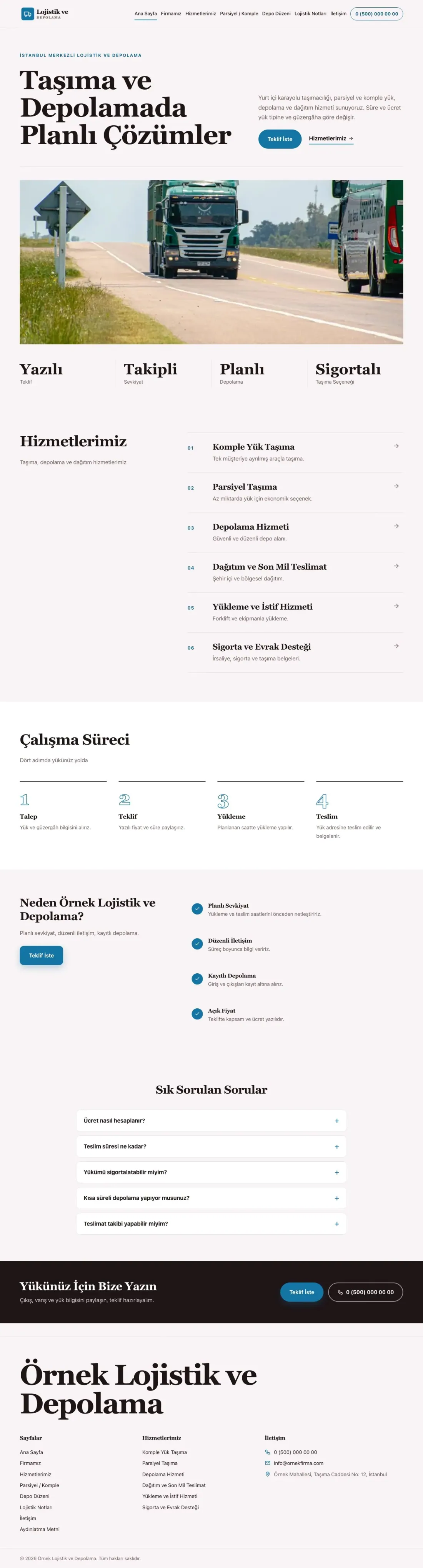 Editoryal Bordo Mavi – Lojistik ve Depo Web Sitesi ana sayfa görünümü