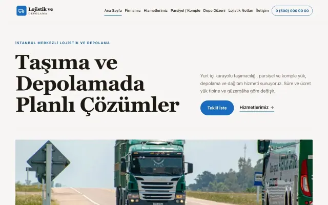 Editoryal Kahve Mavi – Lojistik ve Depo Web Sitesi ana sayfa görünümü